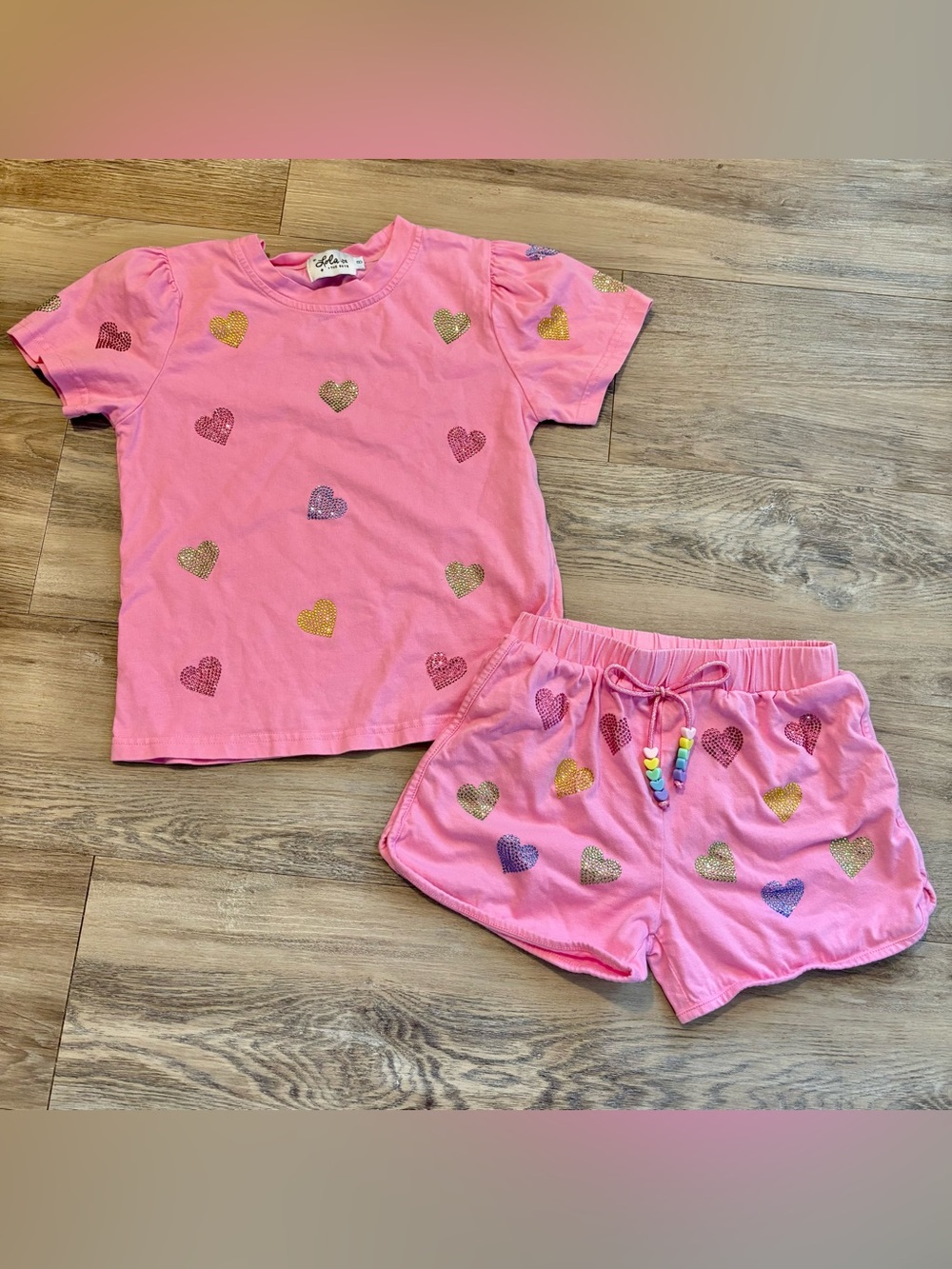 Lola + the boys crystal heart pink 2 piece matching outfit shorts set cotton 8